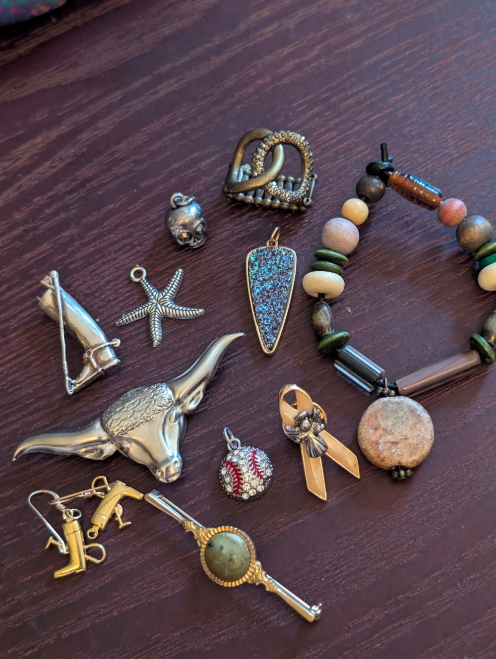 Mixed Jewelry Lot Charms, Bracelets, Beads,Brooches Signed Pieces